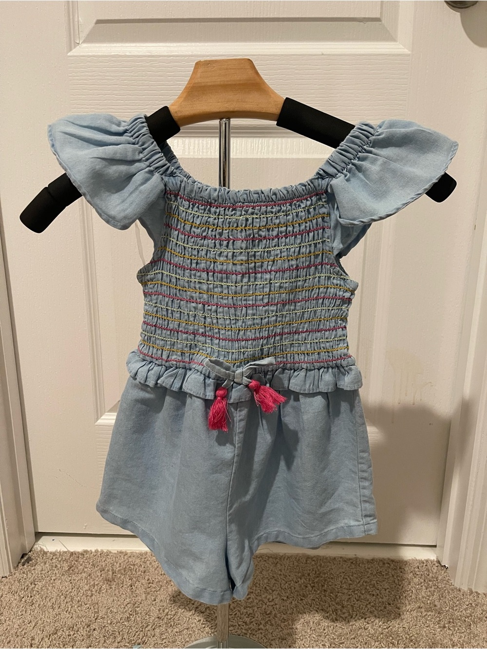 Vince Camuto Light Blue Smocked Romper with Pink Tassels